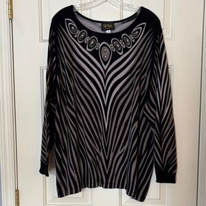 Bob Mackie Wearable Art Sweater Women 3X Gray Black Jeweled Neckline Classiccore